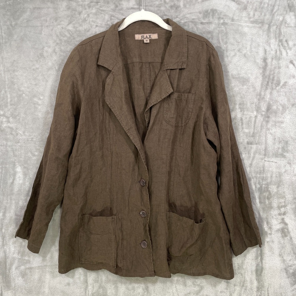 FLAX 100% Linen Relaxed Blazer Jacket Women's Size M  Brown 4 Button Unlined